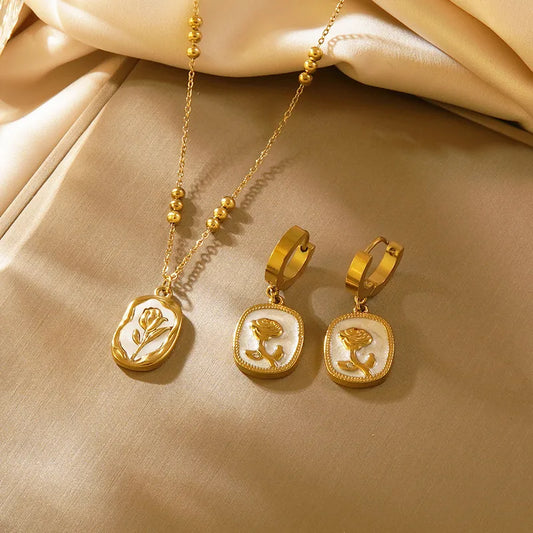 RAIRA Vintage Style Romantic Streetwear Quadrilateral Square Flower 304 Stainless Steel 18K Gold Plated Irregular O-shaped Chain Twisted Rope Chain Earrings Necklace Jewelry Set