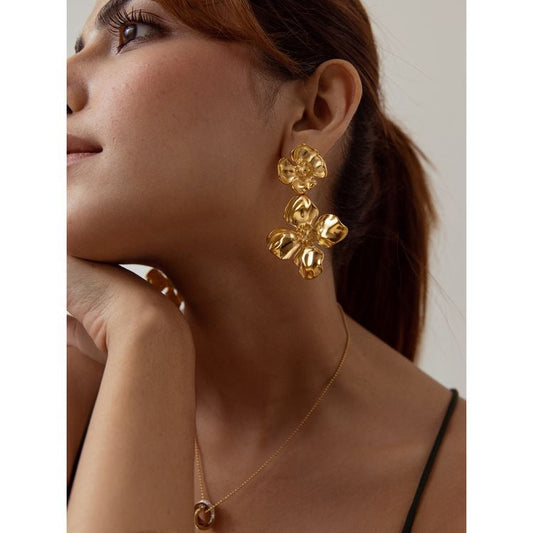 RAIRA Textured Sunflower Drops Earring 18K Gold Plated Jewellery Silver Needle Metal Flower Earrings