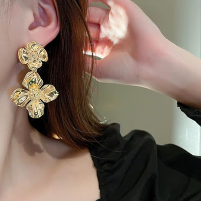 RAIRA Textured Sunflower Drops Earring 18K Gold Plated Jewellery Silver Needle Metal Flower Earrings