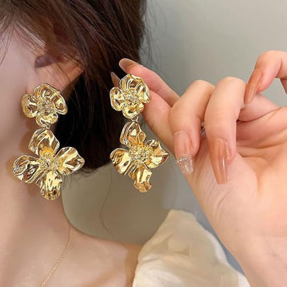 RAIRA Textured Sunflower Drops Earring 18K Gold Plated Jewellery Silver Needle Metal Flower Earrings