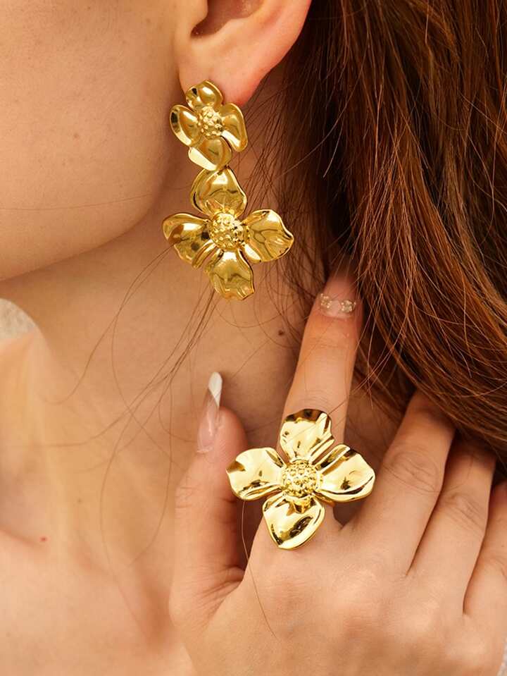 RAIRA Textured Sunflower Drops Earring 18K Gold Plated Jewellery Silver Needle Metal Flower Earrings