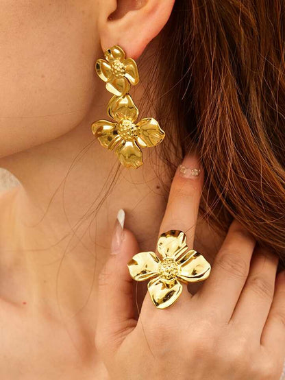 RAIRA Textured Sunflower Drops Earring 18K Gold Plated Jewellery Silver Needle Metal Flower Earrings