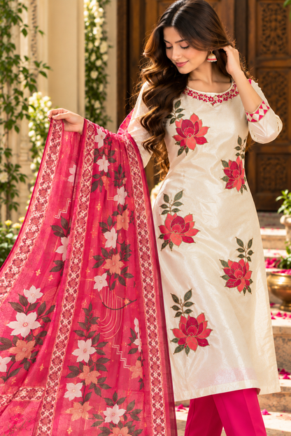 A woman models a traditional South Asian outfit featuring a cream-colored kurta with red and pink floral embroidery, bright pink pants, and a matching pink dupatta with floral patterns and gold borders.