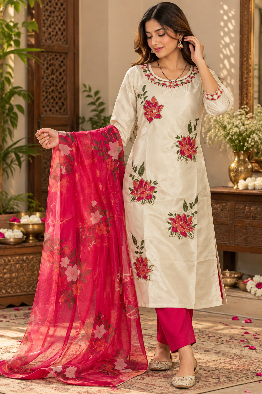 A woman models a traditional Indian salwar kameez set featuring an off-white kurta with pink and red floral embroidery, paired with bright pink trousers and a matching pink dupatta with floral prints.