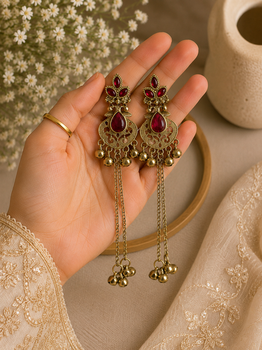 Kashmiri Ruby Long Drop Earrings