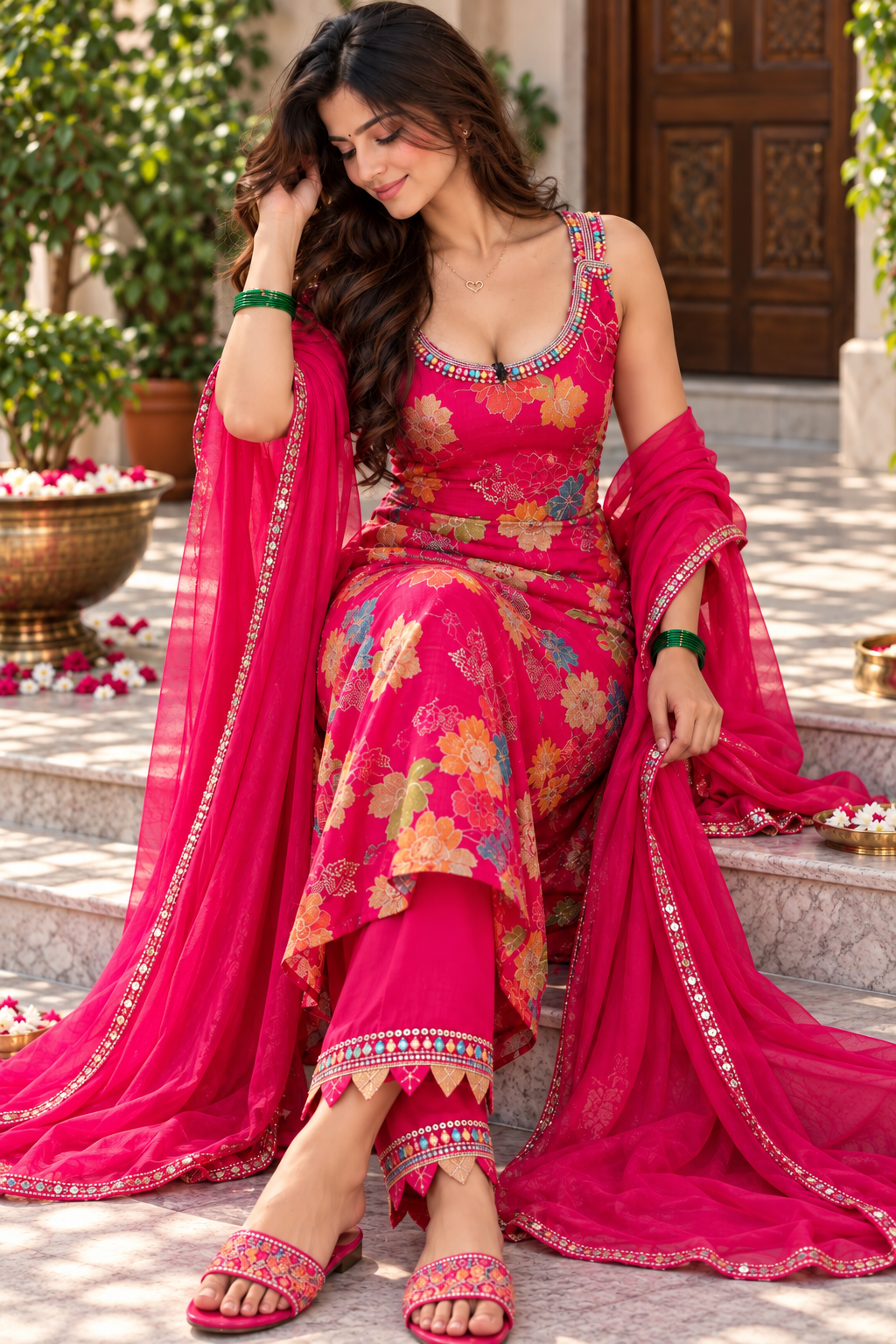 A woman models a bright pink floral salwar kameez suit with matching dupatta in an outdoor setting. The outfit features a heavily embroidered bodice, matching pants, and a draped dupatta with silver mirror work borders.