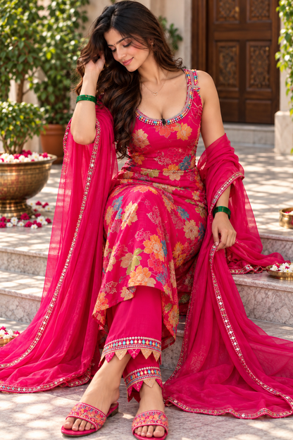 A woman models a bright pink floral salwar kameez suit with matching dupatta in an outdoor setting. The outfit features a heavily embroidered bodice, matching pants, and a draped dupatta with silver mirror work borders.