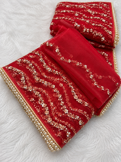 Red Net Saree | Pearl Sequin Embroidered (Karwa Chauth Saree)