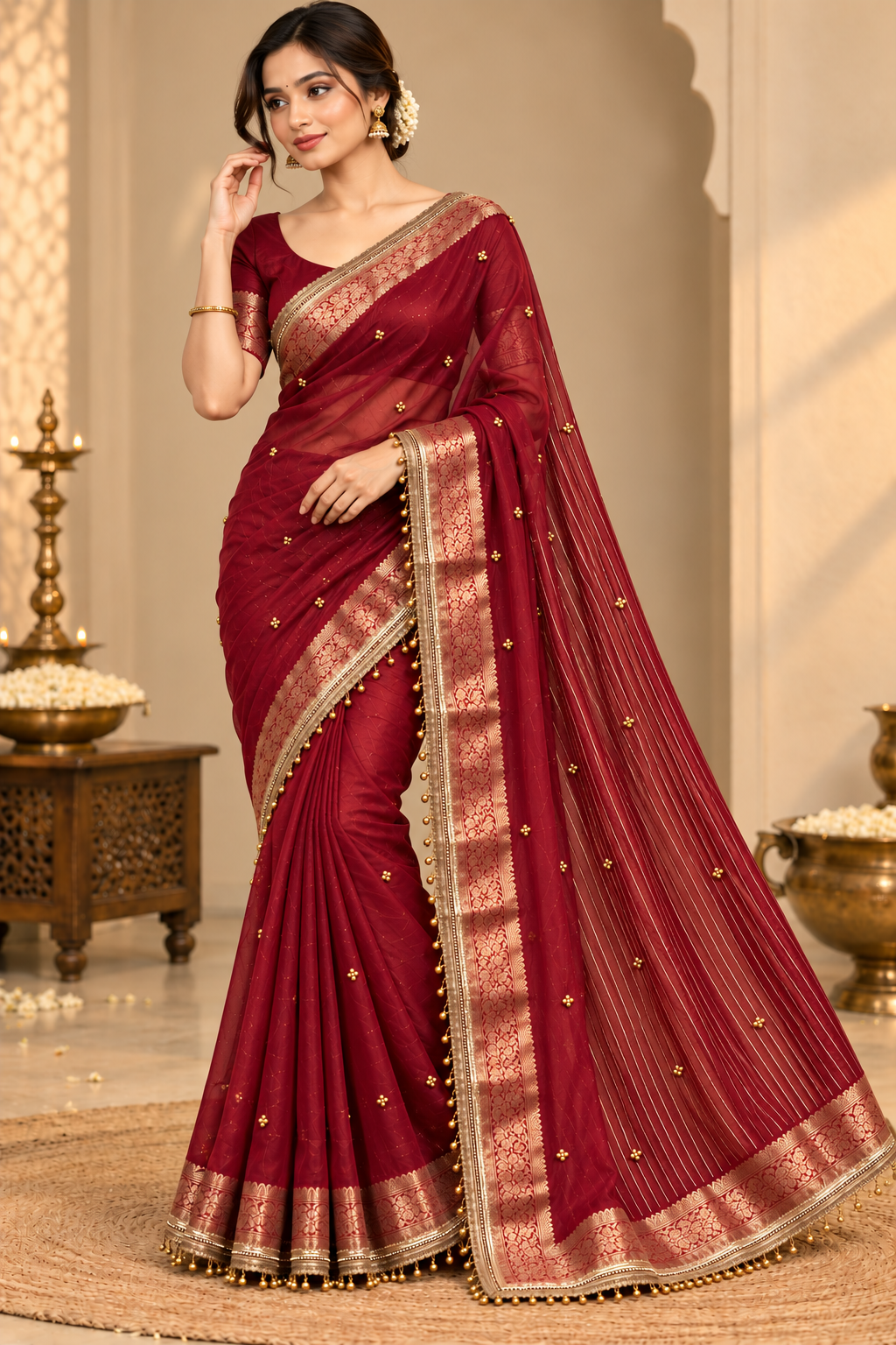 Maroon Viral Gungroo Saree for Karwa Chauth
