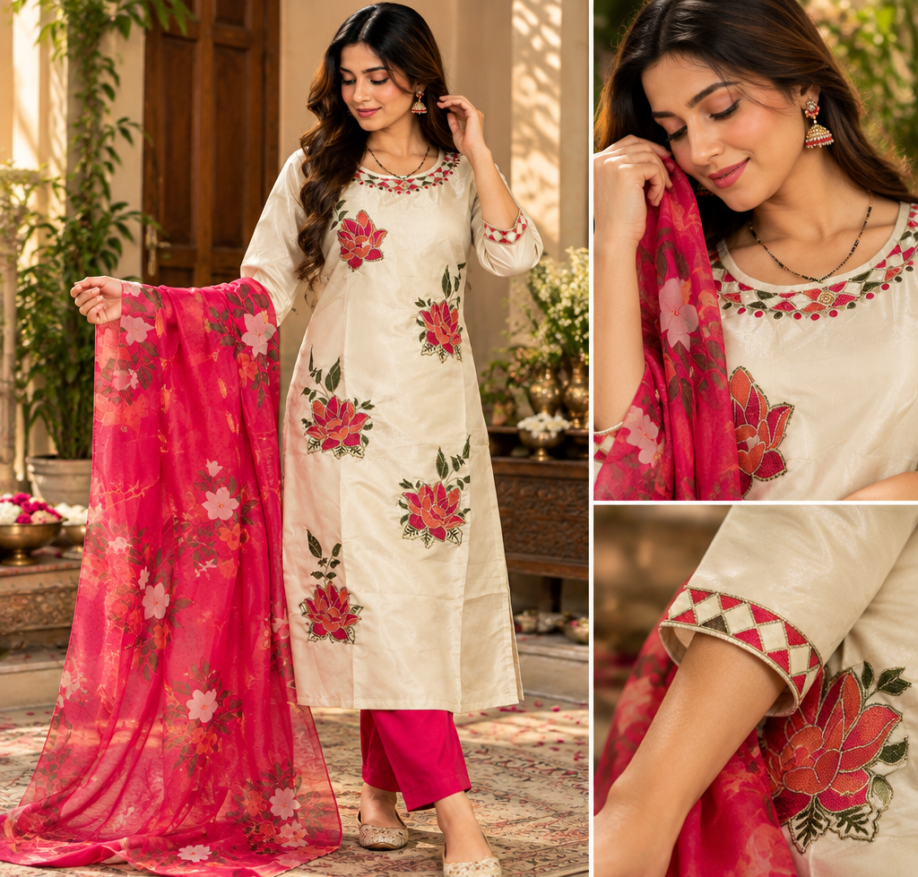 A woman models a cream-colored embroidered kurta set with a bright pink floral dupatta and magenta pants, shown in a full-body view and two close-up detail panels highlighting the embroidery, neckline, and sleeve patterns.