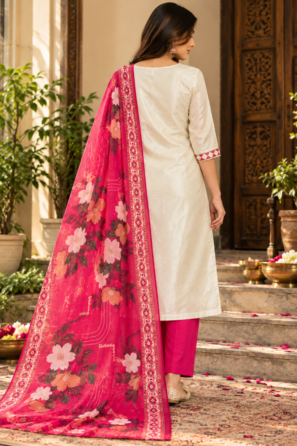 A woman stands on stone steps in a courtyard wearing a cream kurta with pink pants and a bright pink floral dupatta draped over her shoulder. The background features a carved wooden door and potted plants.
