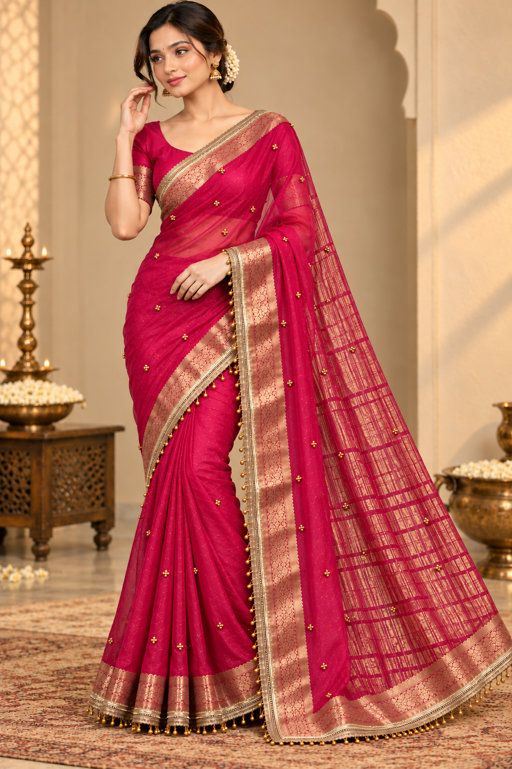 Pink Gungroo Saree for Karwa Chauth