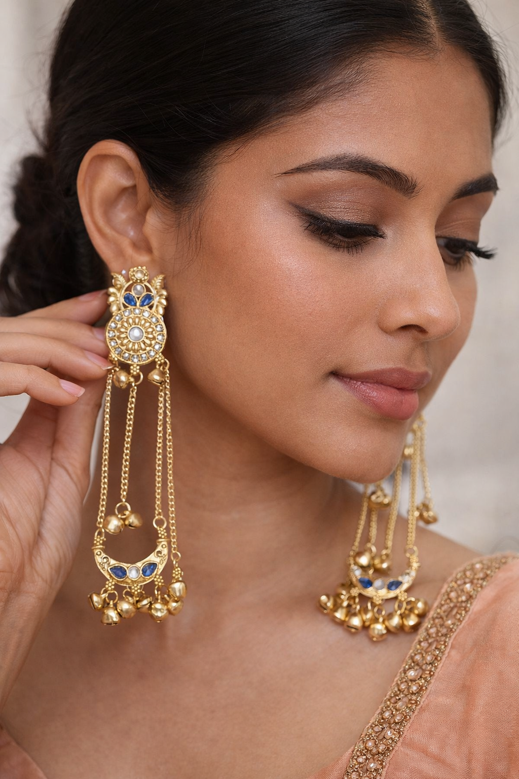 Royal Blue Long Chain Ghungroo Earrings