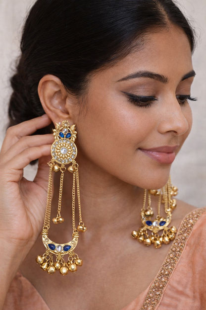 Royal Blue Long Chain Ghungroo Earrings