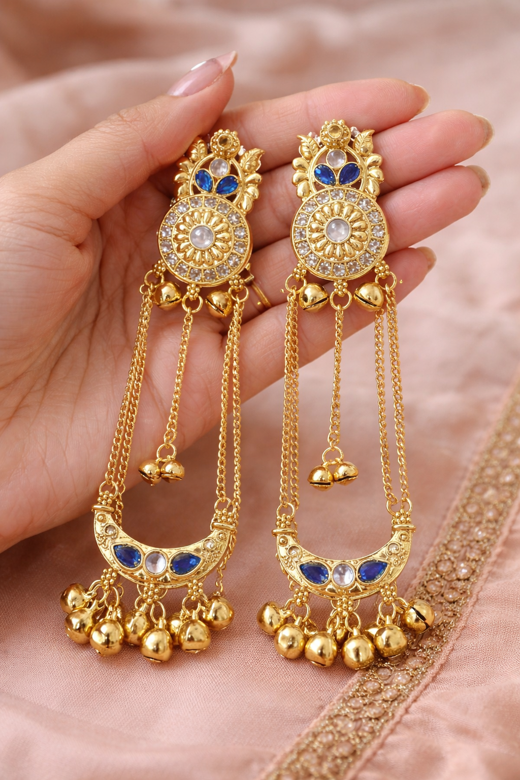 Royal Blue Long Chain Ghungroo Earrings