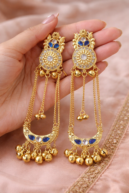 Royal Blue Long Chain Ghungroo Earrings