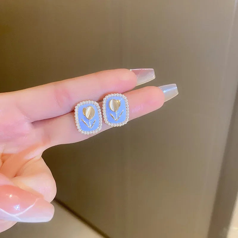 RAIRA Sweet Opal Tulip Flower Blue Square Imitation Pearl Stud Earring for Women Korean Geometric Jewelry Christmas Girl Gift