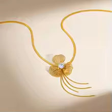 RAIRA Tassel Trileaf Flower Pendant Necklace for Women, Gold Color Stainless Steel Fashion Jewelry Gift