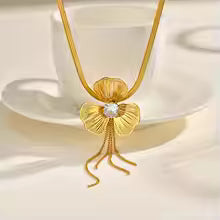 RAIRA Tassel Trileaf Flower Pendant Necklace for Women, Gold Color Stainless Steel Fashion Jewelry Gift