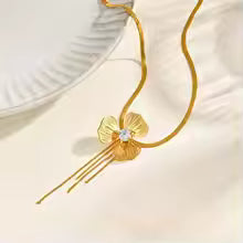 RAIRA Tassel Trileaf Flower Pendant Necklace for Women, Gold Color Stainless Steel Fashion Jewelry Gift