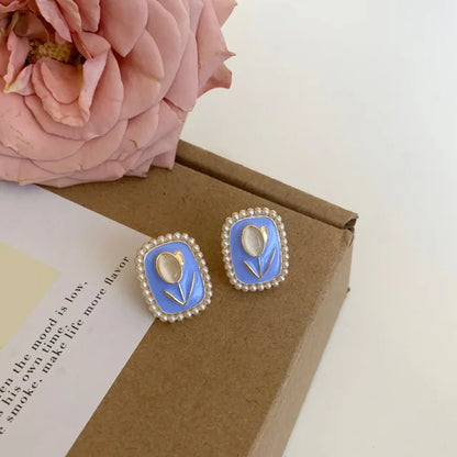 RAIRA Sweet Opal Tulip Flower Blue Square Imitation Pearl Stud Earring for Women Korean Geometric Jewelry Christmas Girl Gift