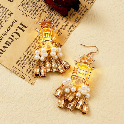 LED Light-Up Effect JugMug LED Lantern Jhumka Earring ,Traditional Lantern LED Earrings , Traditional Lantern Pearl Tassel Earrings

