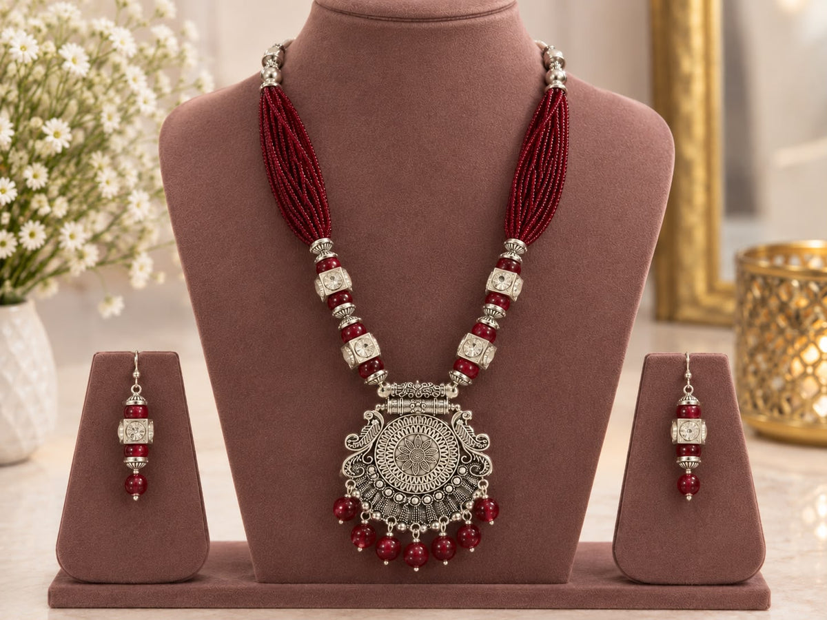 Traditional Oxidized Silver Pendant Necklace Set.