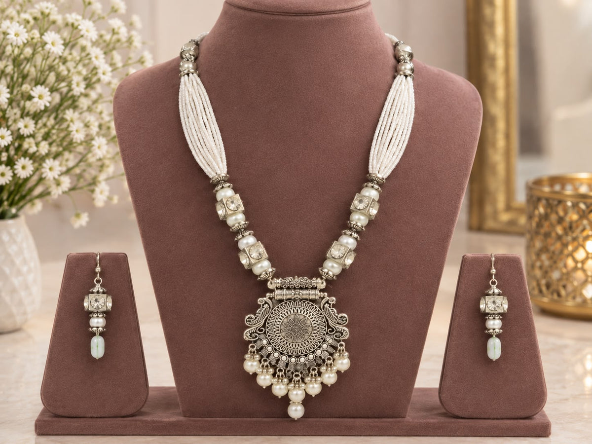 Traditional Oxidized Silver white Pendant Necklace Set.