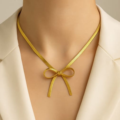 RAIRA Anti Tarnish Gold Plated Bow Necklace– Chic & Elegant Modern Statement Jewelry