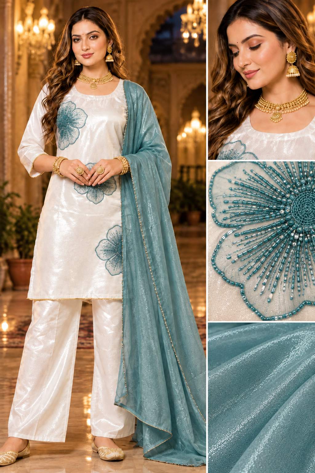 Yellow White Women’s Ethnic Wear Kurta Set | Embroidered Kurta Pant with Dupatta | Festive & Party Wear