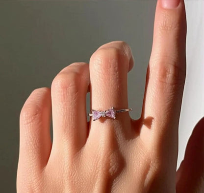 RAIRA Pink Crystal Rings Simple Bowknot Open  Finger Rings Gift For Women & Girl's