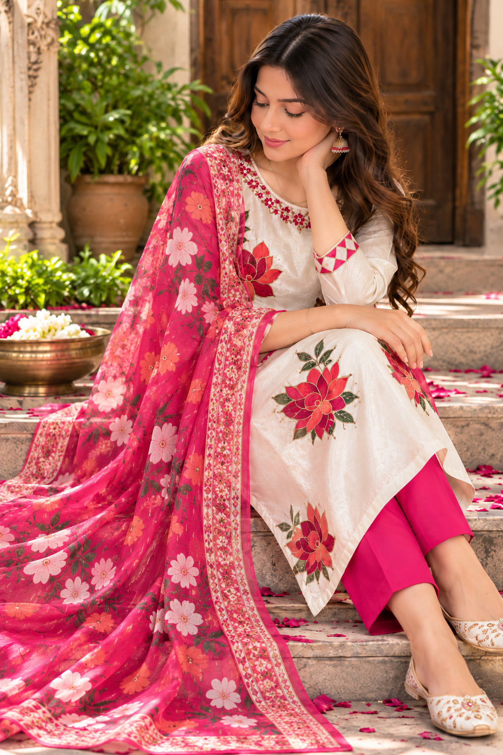 A woman seated on outdoor stone steps wearing a traditional outfit with a cream kurta decorated with red and orange floral motifs, bright pink pants, and a matching pink floral dupatta with ornate borders.