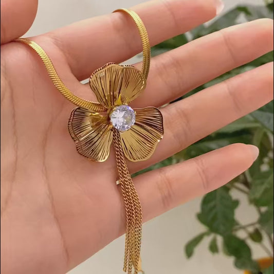RAIRA Tassel Trileaf Flower Pendant Necklace for Women, Gold Color Stainless Steel Fashion Jewelry Gift