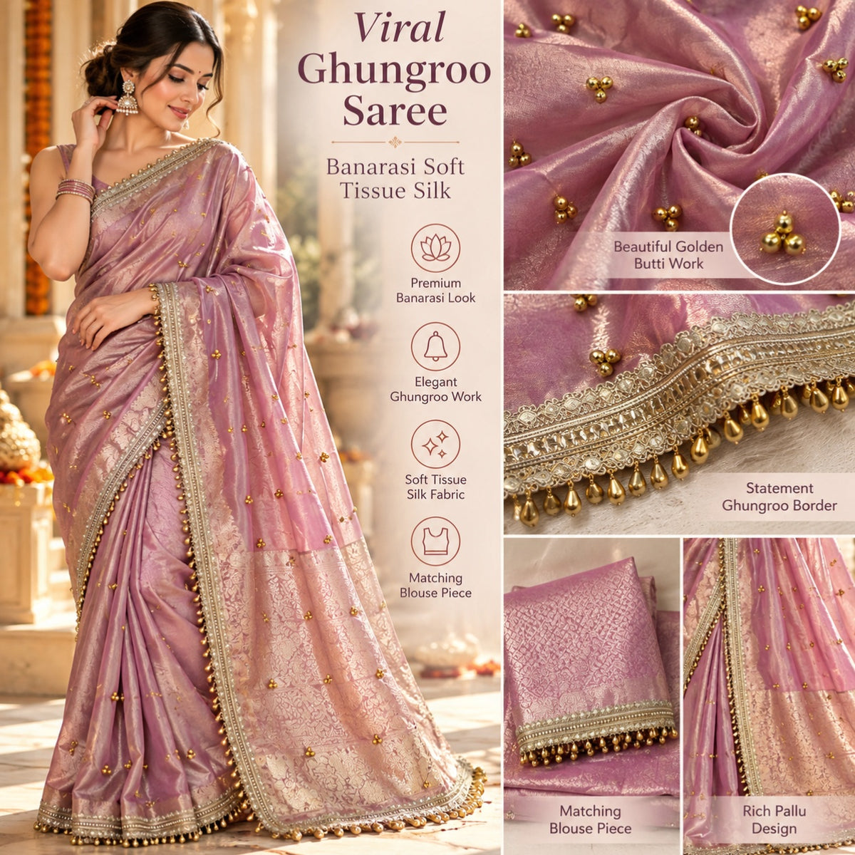 Viral Ghungroo Saree Pink | Banarasi Soft Tissue Silk