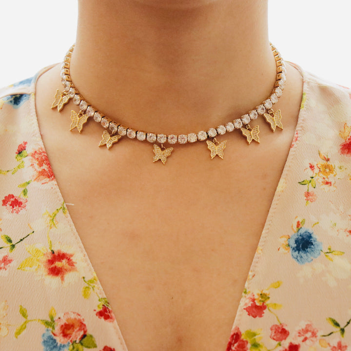 RAIRA Stainless Steel Gold plated Butterfly Crystal Necklace For Women & Girls