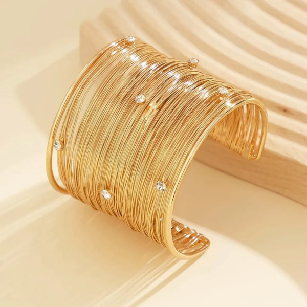 RAIRA Gold Toned Artificial Chunky Wide Bangle Wrist Cuff Layered Bracelet Boho Hollow Adjustable Rhinestone Wrap Cuff Bracelet  For Women & Girl's