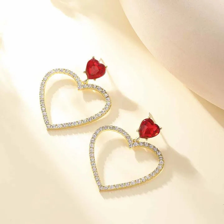 RAIRA Heart Crystal Circle Drop Earrings Red Ruby Heart Stud Rhinestone Cluster Empty Love Dangle Earrings