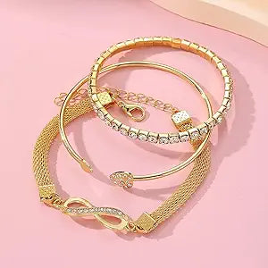 RAIRA Set of 3 Multilayer Charm Bangle Gold Plated Bracelet Adjustable for Women and Girls (Golden)
