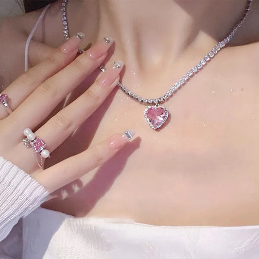 RAIRA Sweet Heart Shape Alloy Inlay Zircon Women's Pendant Necklace