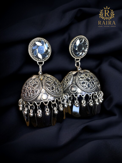 RAIRA Mirrors Studded Afghan Design Oxidised Silver Plated Handcrafted Chandelier Jhumkas For Women & Girls
