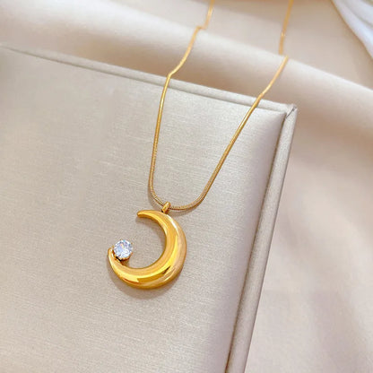 RAIRA Gold Crescent Moon Pendant Necklace with White Crystal, Chain For Women & Girl's