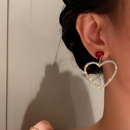 RAIRA Heart Crystal Circle Drop Earrings Red Ruby Heart Stud Rhinestone Cluster Empty Love Dangle Earrings