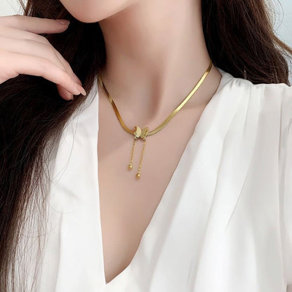 RAIRA Classic Style Gold Plated Titanium Steel Snake Chain Frosted Butterfly Fringe Pendant Necklace