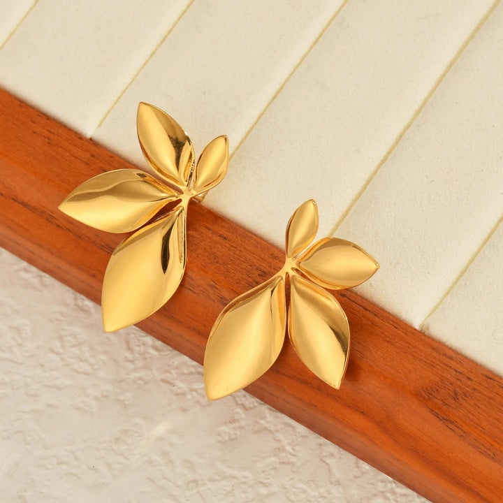 RAIRA Gold Plated Stainless Steel Petal Half Flower Stud Earrings - Golden For Women & Girls