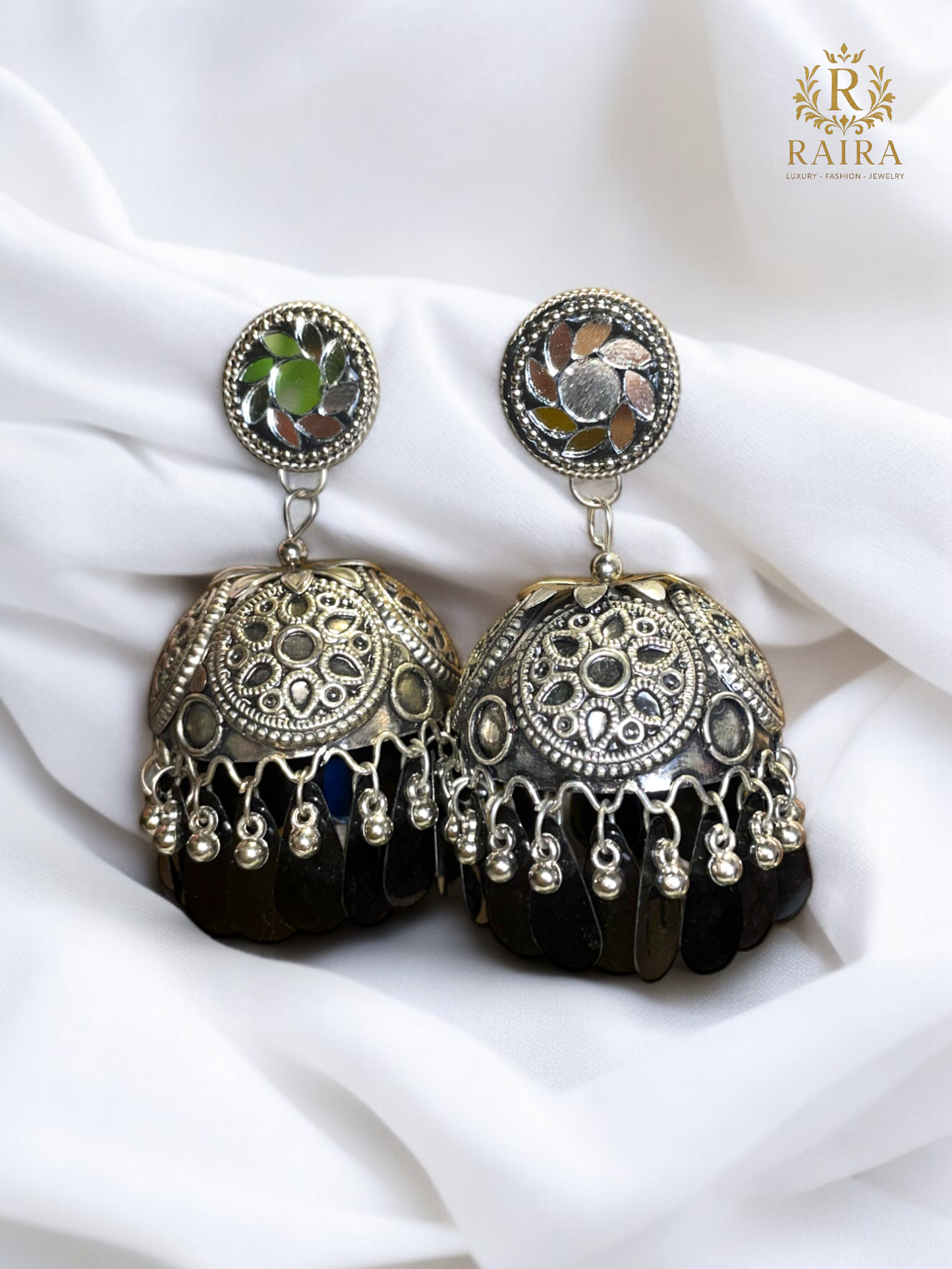 RAIRA Mirrors Studded Afghan Design Oxidised Silver Plated Handcrafted Chandelier Jhumkas For Women & Girls