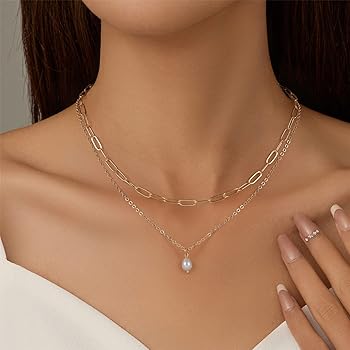 RAIRA 2-layer Paperclip Gold Chain and Freshwater Pearl Pendant Necklace for Women | 18K Gold-Plated Jewelry | Necklaces for Women & Girl's