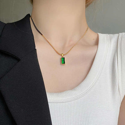 RAIRA Necklace for Women Stainless Steel Geometric Square Green Crystal Pendant Necklace For Women & Girls