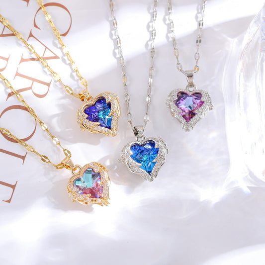 RAIRA 18K Gold Plated Colorful Crystal Diamond Ocean Heart Angel Wings Pendant Women Fashion Jewelry Necklaces