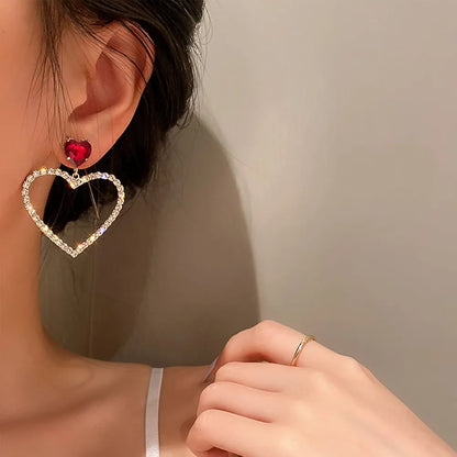 RAIRA Heart Crystal Circle Drop Earrings Red Ruby Heart Stud Rhinestone Cluster Empty Love Dangle Earrings