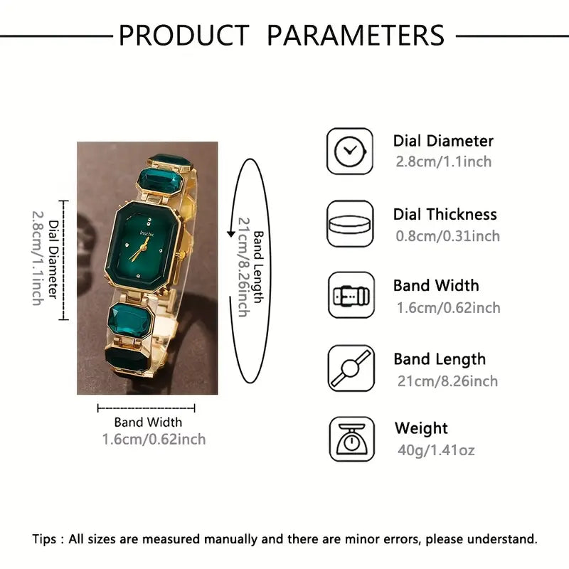 RAIRA Women's Emerald Green Square Watch with Golden-Tone Zinc Alloy Case & -Accented Bracelet Band - Quartz Movement,